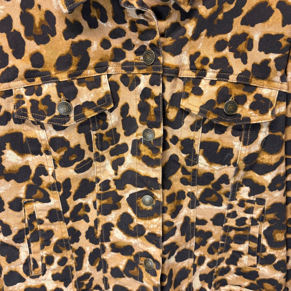 Boston Proper Leopard Print Denim Jacket Womens Large Brown Puff Sleeve Trucker - Picture 3 of 6